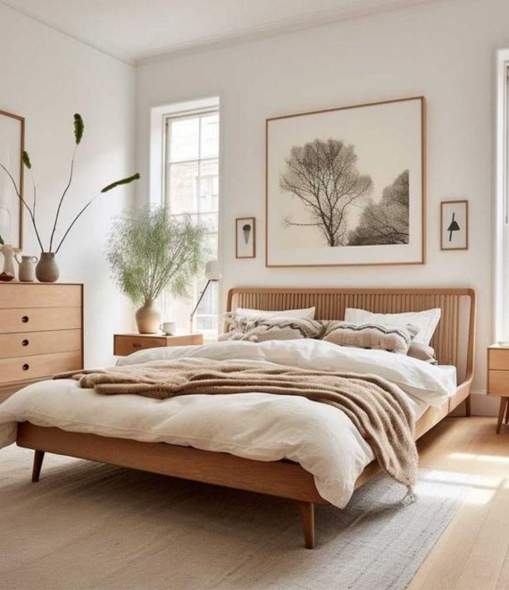 Nordic Style Solid Wood Bed Frame, Scandinavian Platform Bed with Vertical Slatted Headboard