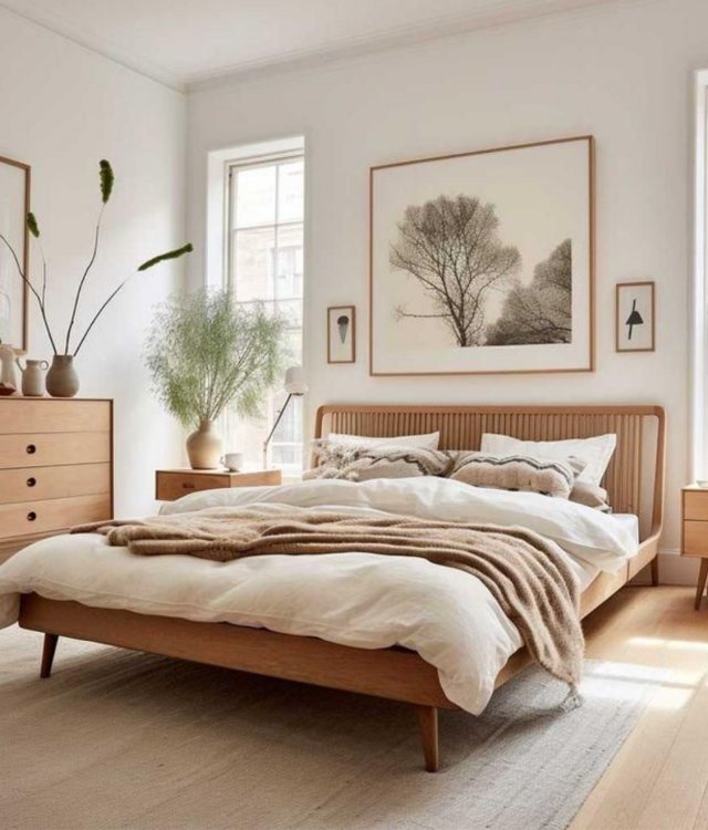 Nordic Style Solid Wood Bed Frame, Scandinavian Platform Bed with Vertical Slatted Headboard