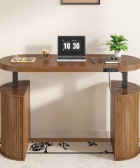 Electric Height Adjustable Standing Desk With Storage Cabinet Modern Curved Home Office Computer Desk
