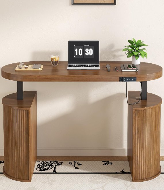 Electric Height Adjustable Standing Desk With Storage Cabinet Modern Curved Home Office Computer Desk