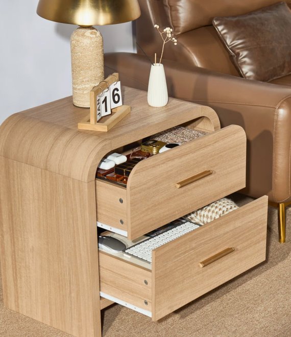 Curved Wooden Nightstand, 2-Drawer Bedside Cabinet with Gold Metal Pulls for Bedroom