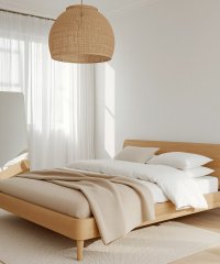 Solid Oak Wood Platform Bed Frame, Minimalist Scandinavian Wooden Bed with Headboard for Bedroom