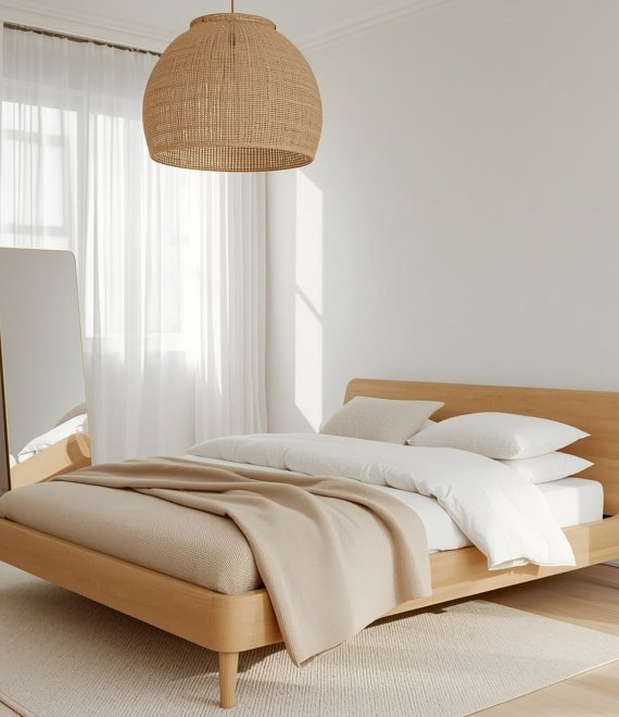 Solid Oak Wood Platform Bed Frame, Minimalist Scandinavian Wooden Bed with Headboard for Bedroom