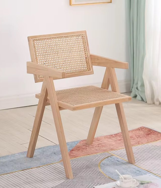 Rattan Woven Armchair with Square Backrest, Solid Wood Dining Chair for Nordic Japandi Cafe Restaurant Project