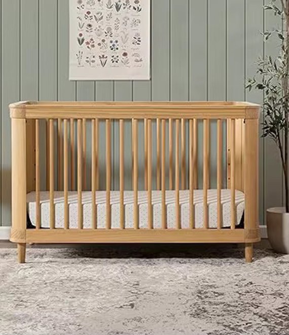 Mid Century Modern Solid Wood Baby Crib Convertible Infant Bed With Angled Legs For Nursery Room Supply 