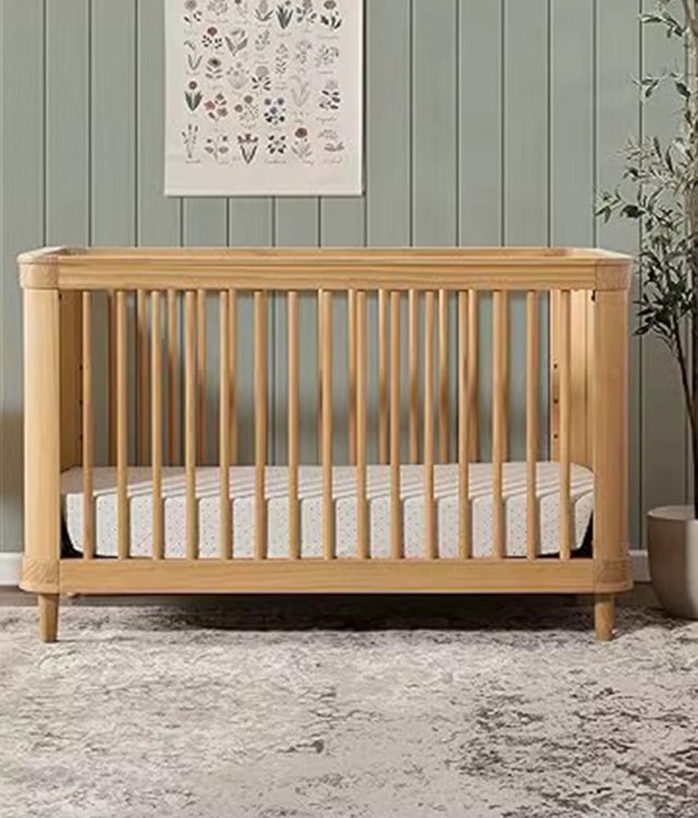 Mid Century Modern Solid Wood Baby Crib Convertible Infant Bed With Angled Legs For Nursery Room Supply 