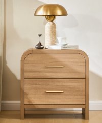 Curved Wooden Nightstand, 2-Drawer Bedside Cabinet with Gold Metal Pulls for Bedroom