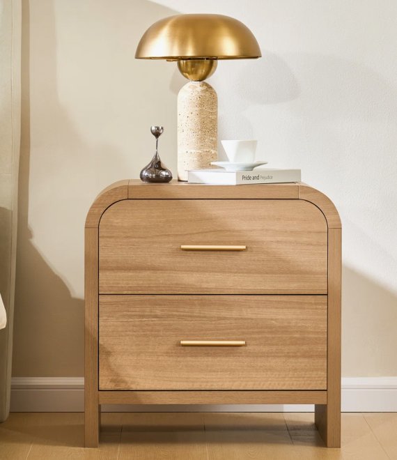 Curved Wooden Nightstand, 2-Drawer Bedside Cabinet with Gold Metal Pulls for Bedroom
