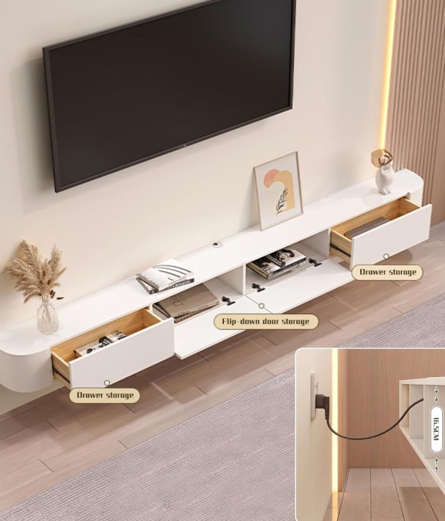 Modern Wall-Mounted Floating TV Stand Rounded Corner Wood Top Media Console Cabinet For Living Room Wholesale