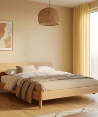 Solid Oak Wood Platform Bed Frame, Minimalist Scandinavian Wooden Bed with Headboard for Bedroom