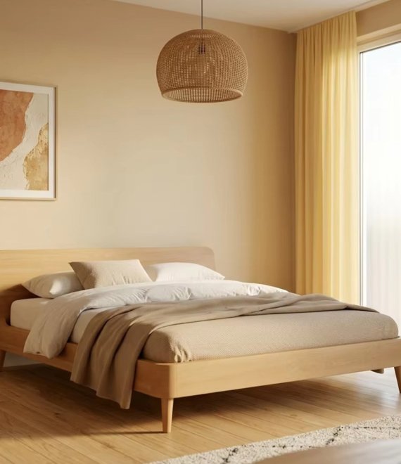 Solid Oak Wood Platform Bed Frame, Minimalist Scandinavian Wooden Bed with Headboard for Bedroom