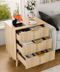 Fluted Wooden Nightstand, 3-Drawer Large Storage Side Cabinet for Bedroom & Living Room