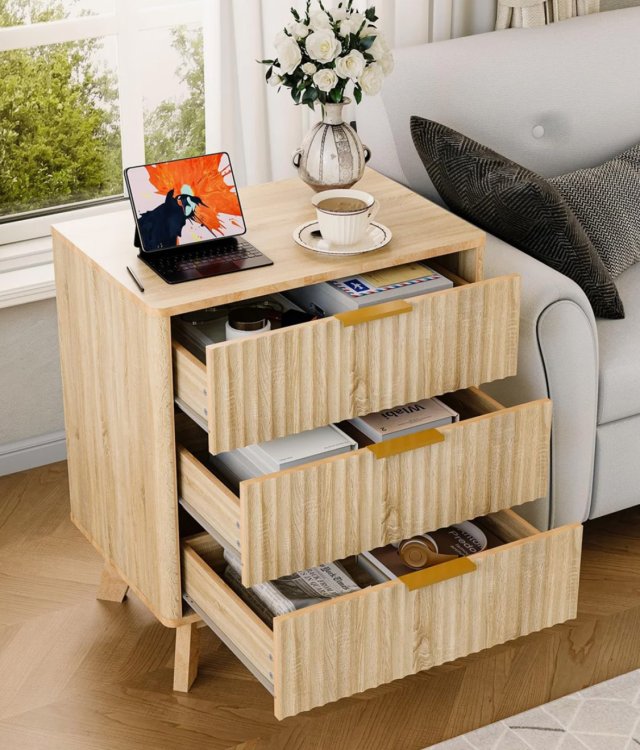 Fluted Wooden Nightstand, 3-Drawer Large Storage Side Cabinet for Bedroom & Living Room