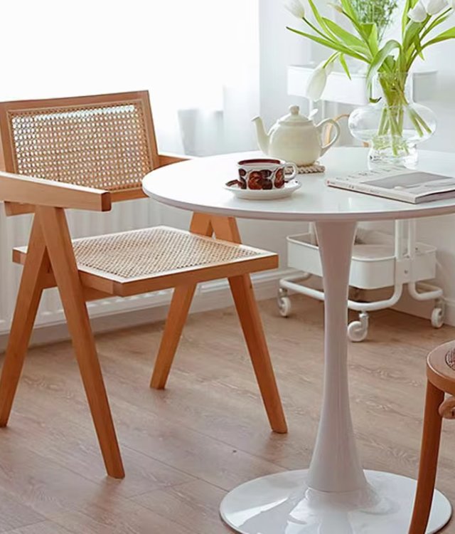 Rattan Woven Armchair with Square Backrest, Solid Wood Dining Chair for Nordic Japandi Cafe Restaurant Project