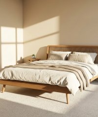 Nordic Style Solid Wood Bed Frame, Scandinavian Platform Bed with Vertical Slatted Headboard