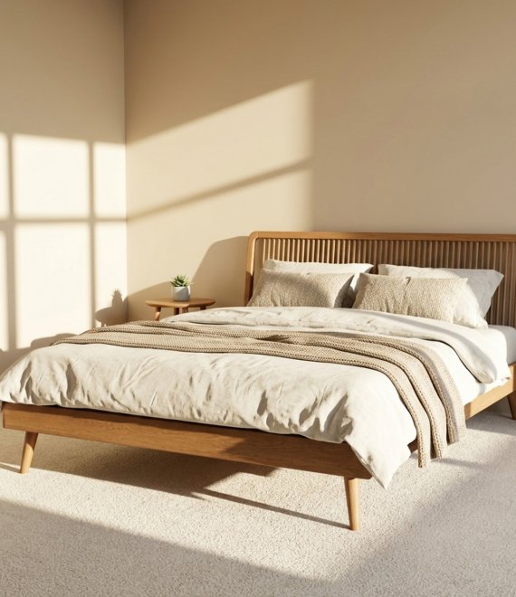 Nordic Style Solid Wood Bed Frame, Scandinavian Platform Bed with Vertical Slatted Headboard