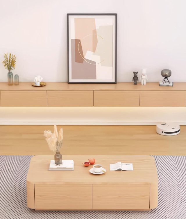 Solid Wood Wall Mount Floating TV Cabinet With Ambient Light Rounded Edge Media Console For Home Supply