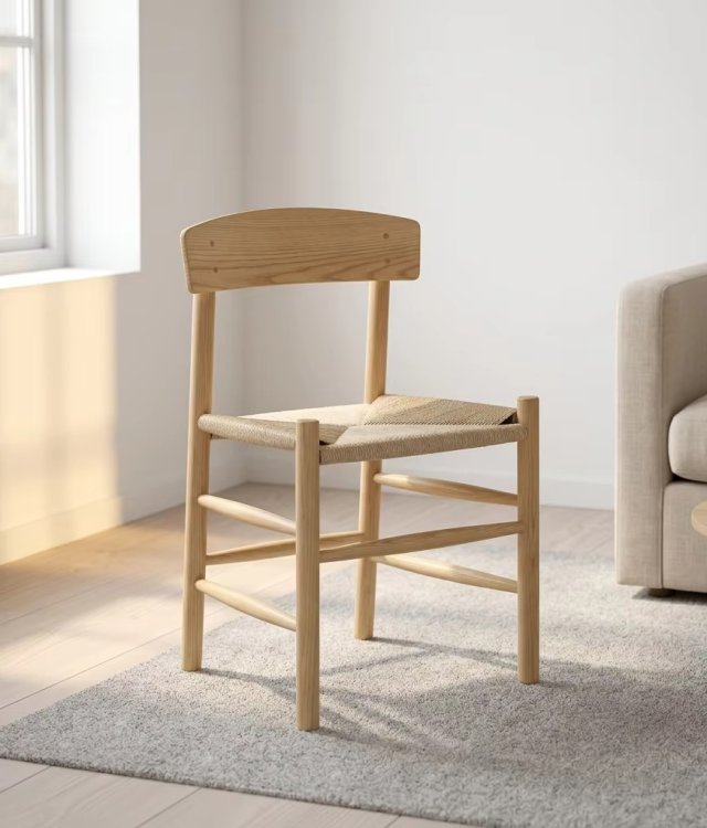 Low Flat-Back Woven Side Chair, Paper Rope Seat Solid Wood Dining Chair for Nordic Small-Space Dining Area