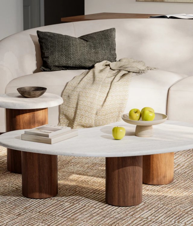 Irregular Nesting Coffee Table Set Natural Travertine Top Solid Wood Cylinder Legs Living Room Center Table Wholesale