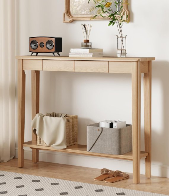Solid Wood Console Table With Drawers And Lower Shelf Entryway Hallway Sofa Console Desk For Home Wholesale