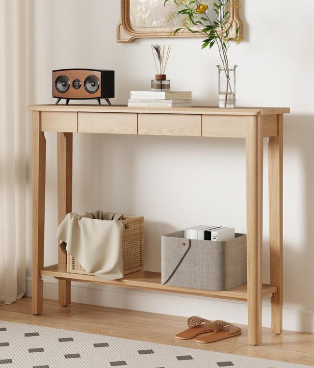 Solid Wood Console Table With Drawers And Lower Shelf Entryway Hallway Sofa Console Desk For Home Wholesale
