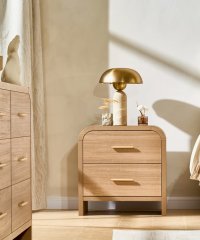 Curved Wooden Nightstand, 2-Drawer Bedside Cabinet with Gold Metal Pulls for Bedroom
