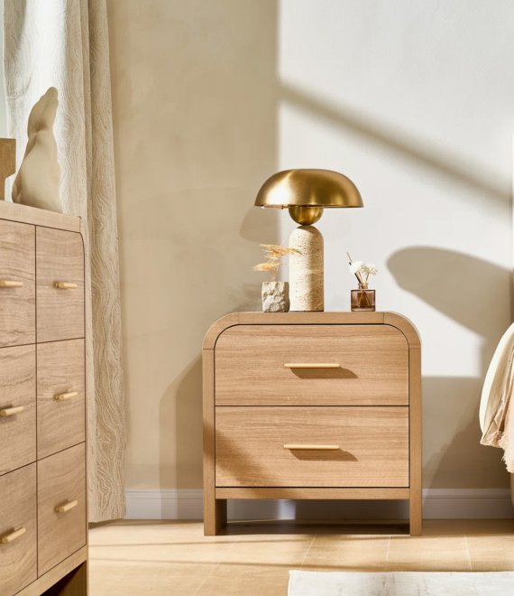 Curved Wooden Nightstand, 2-Drawer Bedside Cabinet with Gold Metal Pulls for Bedroom