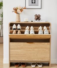 Modern Fluted Wood Flip Shoe Cabinet 2-Tier Flip-Down Shoe Storage Cabinet For Home Entryway Wholesale