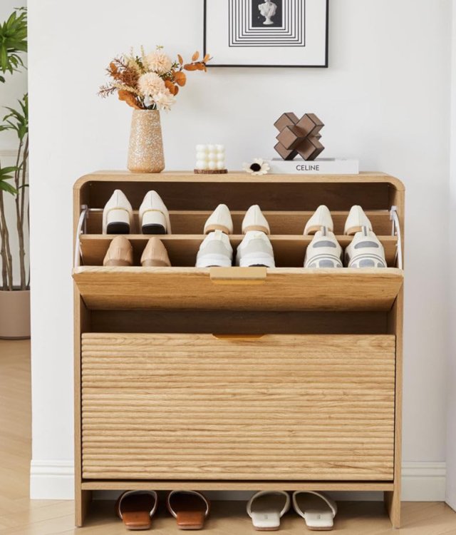 Modern Fluted Wood Flip Shoe Cabinet 2-Tier Flip-Down Shoe Storage Cabinet For Home Entryway Wholesale