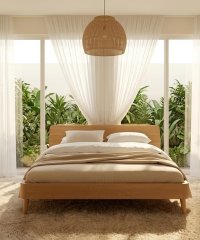 Solid Oak Wood Platform Bed Frame, Minimalist Scandinavian Wooden Bed with Headboard for Bedroom