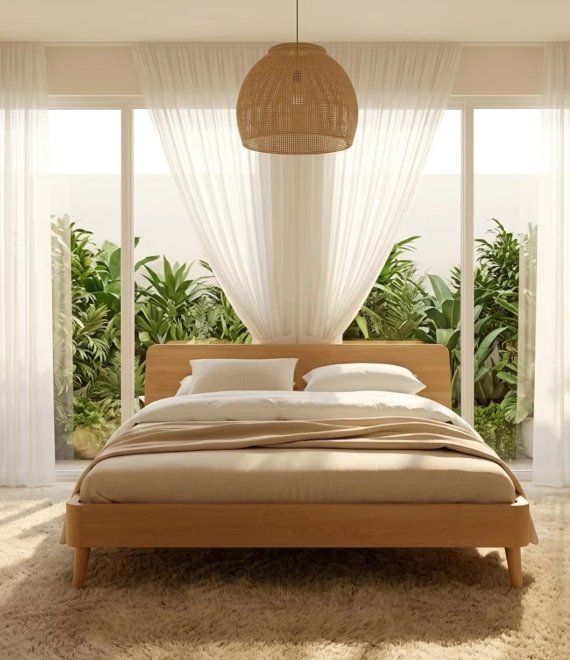 Solid Oak Wood Platform Bed Frame, Minimalist Scandinavian Wooden Bed with Headboard for Bedroom