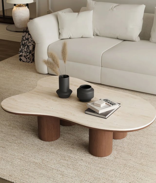 Organic Irregular Travertine Coffee Table Natural Stone Top Solid Wood Cylinder Legs Modern Center Table For Living Room
