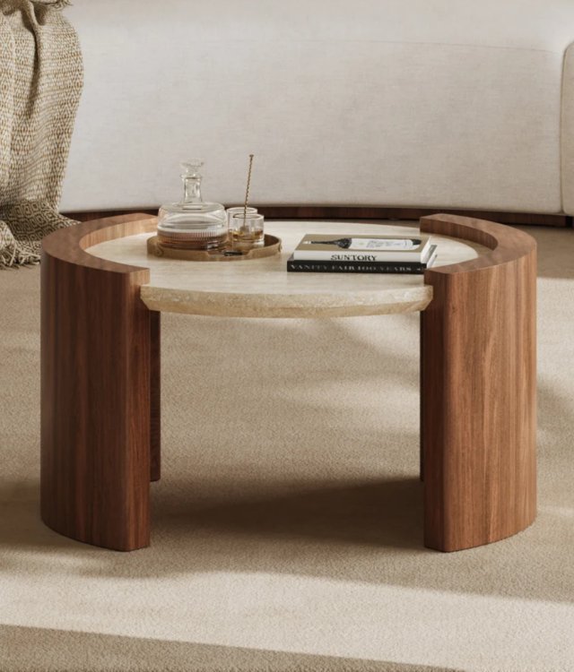 Round Travertine Coffee Table Natural Stone Top Curved Solid Wood Side Support Modern Living Room Table Supply