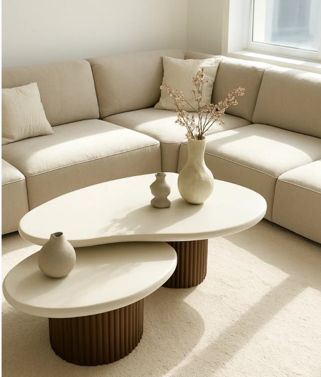 Irregular Nesting Coffee Table Set Cream White Top With Fluted Wood Base Modern Living Room Center Table Wholesale