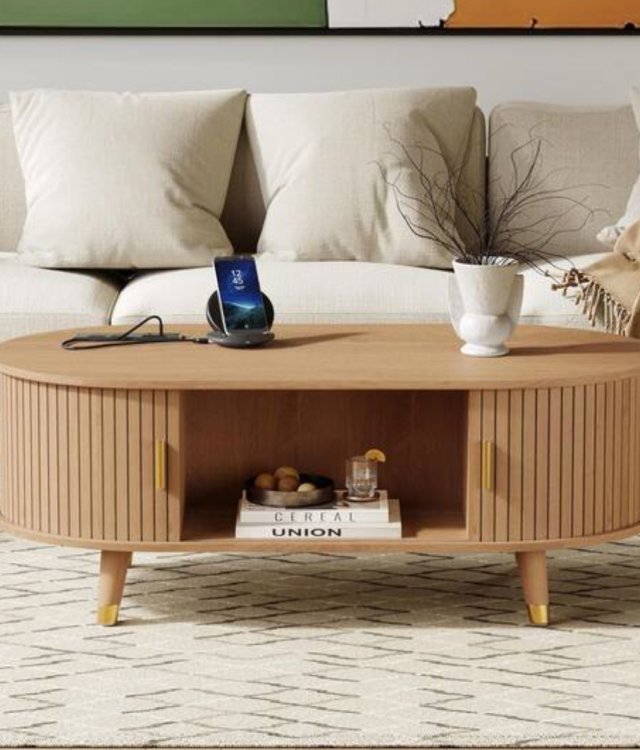 Oval Fluted Wood Coffee Table With Storage Cabinet Gold Handle Modern Living Room Center Table Wholesale