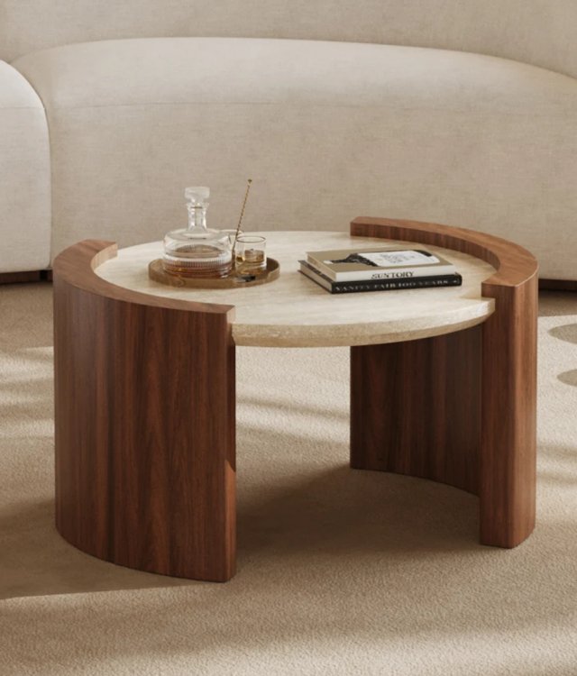 Round Travertine Coffee Table Natural Stone Top Curved Solid Wood Side Support Modern Living Room Table Supply