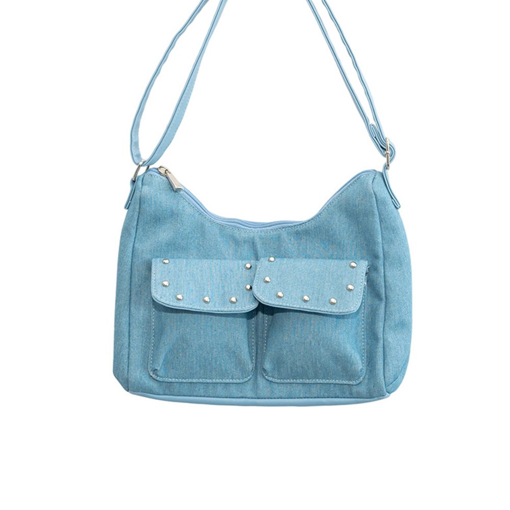 Light Blue Denim Hobo Bag with Studded Pockets | Casual Shoulder Purse with Adjustable Strap