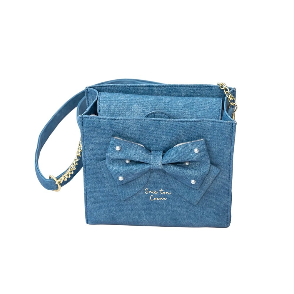 Blue Denim Crossbody Bag with Pearl Bow | Faux Leather Chain Strap Shoulder Purse 