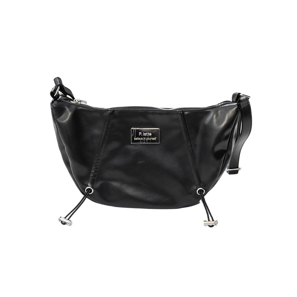 Black Faux Leather Crescent Crossbody Bag | Drawstring Detail Shoulder Purse with Adjustable Strap