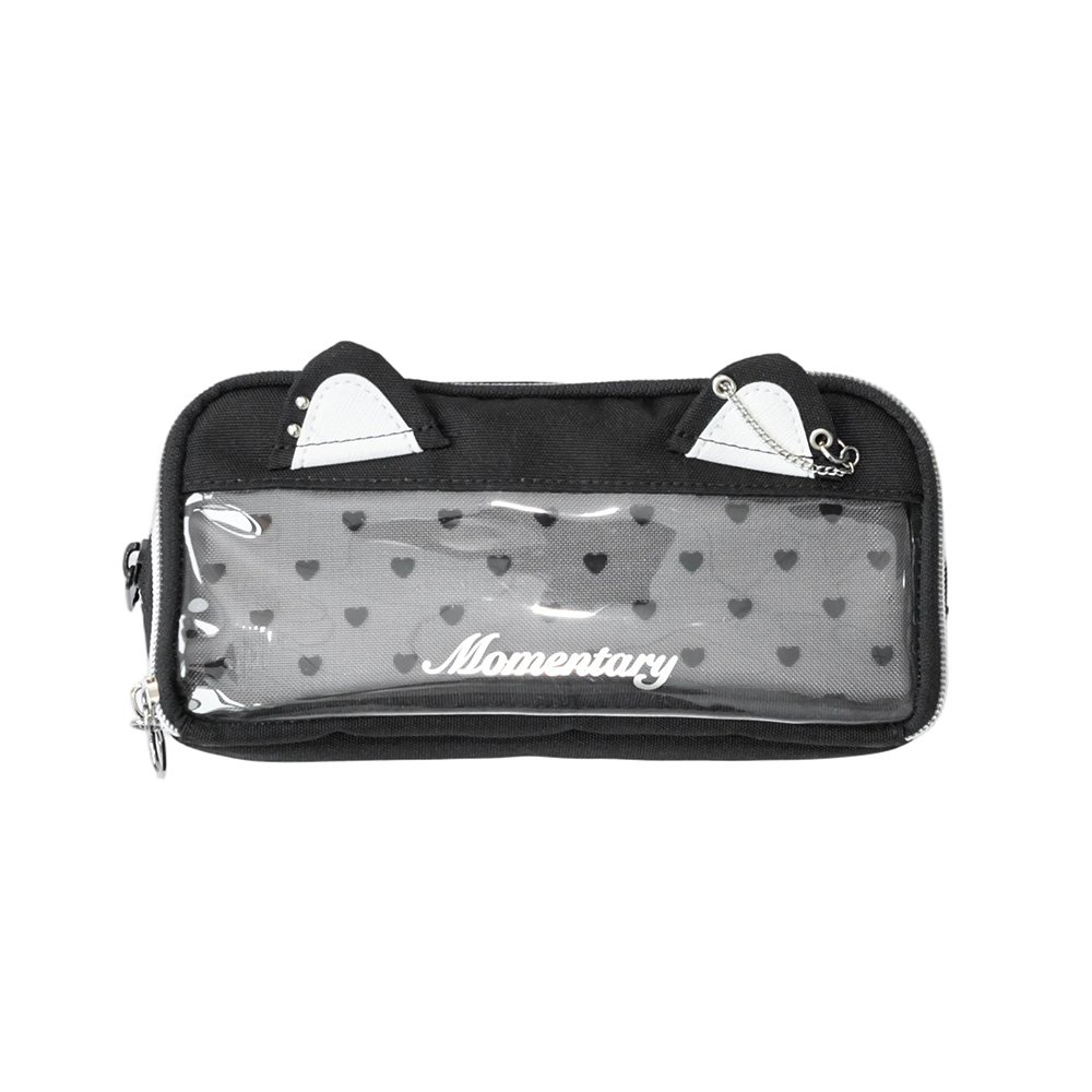Black Oxford Cloth Pencil Pouch | Cat Ear Design, Clear Heart Window