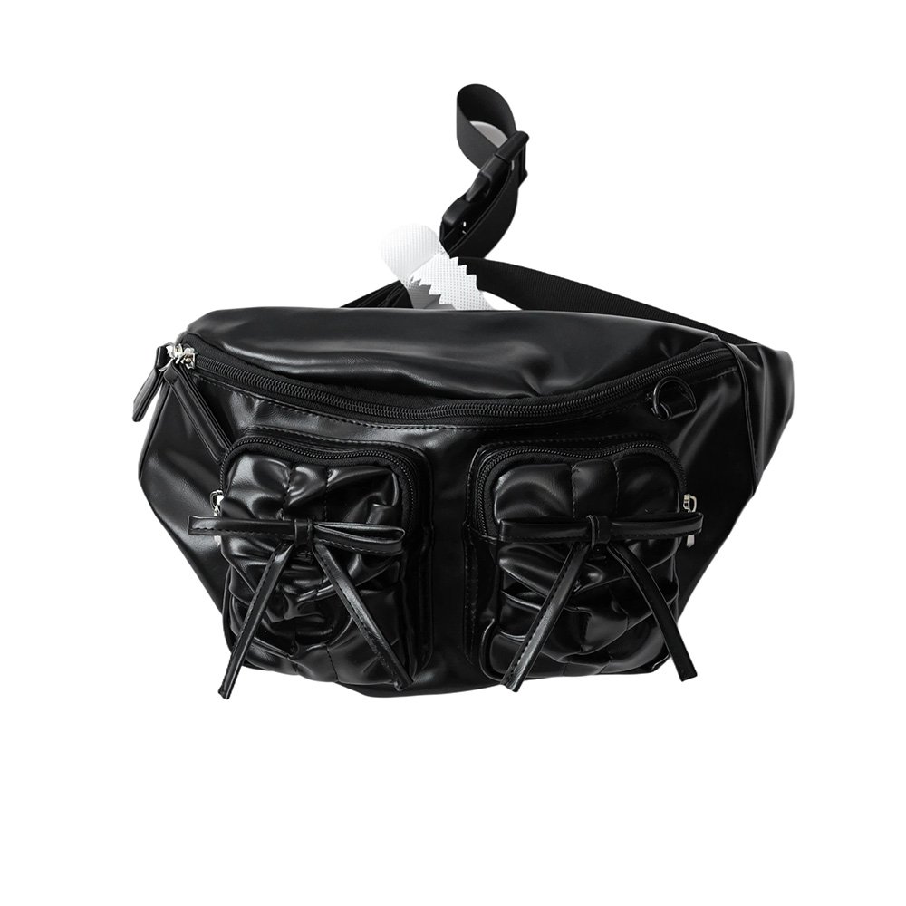 Black Faux Leather Waist Bag | Dual Drawstring Ruched Pockets with Bow Details