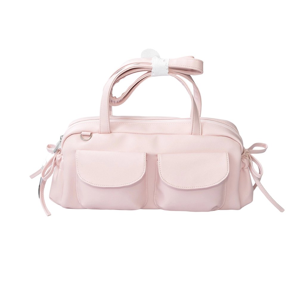 Light Pink Faux Leather Handbag | Dual Front Pockets & Side Drawstring Bows