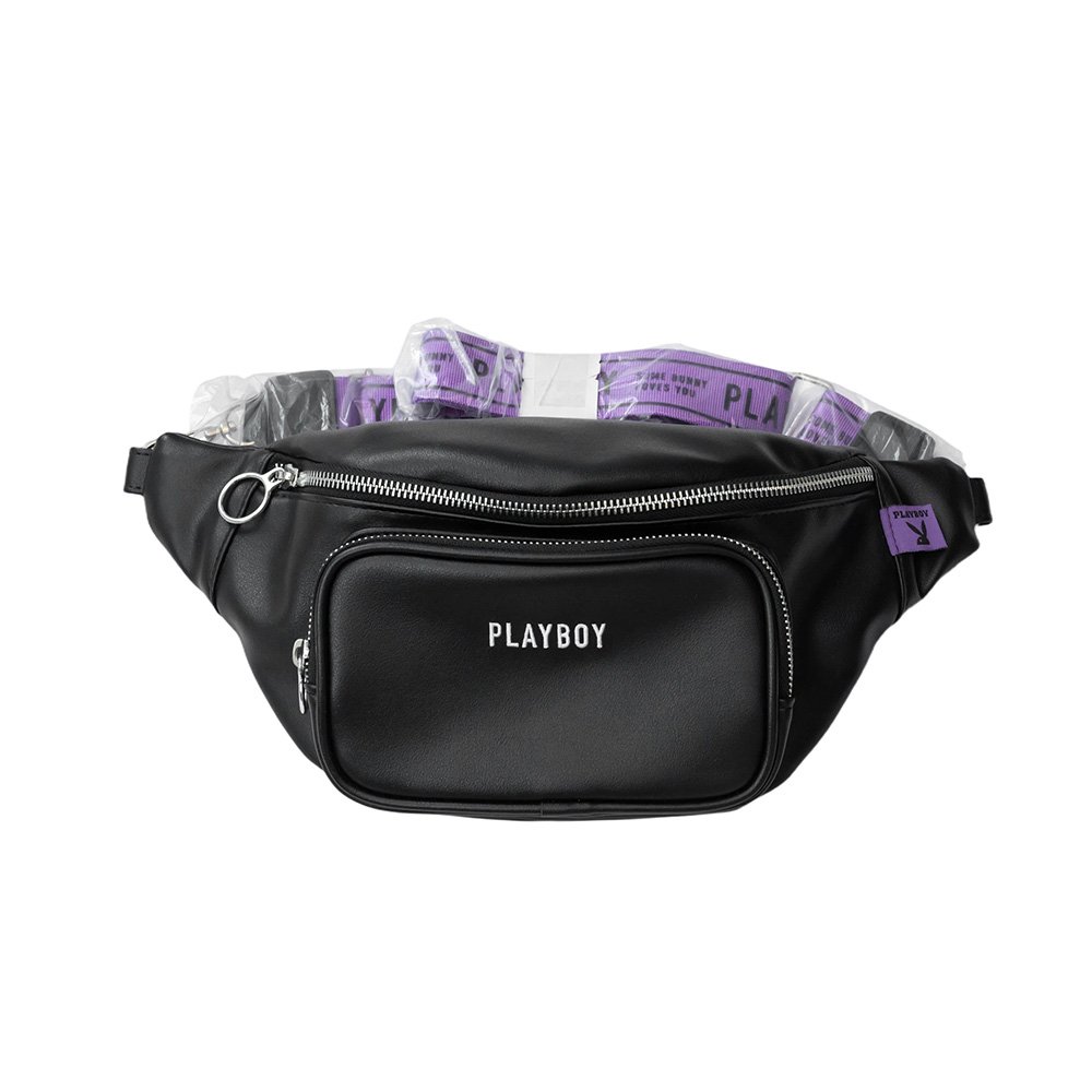 Black Faux Leather Waist Bag | Embroidered Logo & Purple Webbing Strap