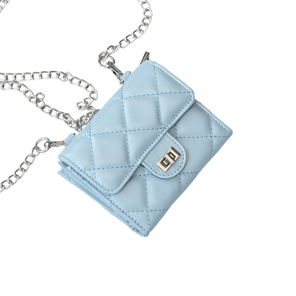 Light Blue Quilted Faux Leather Wallet | Chain Strap