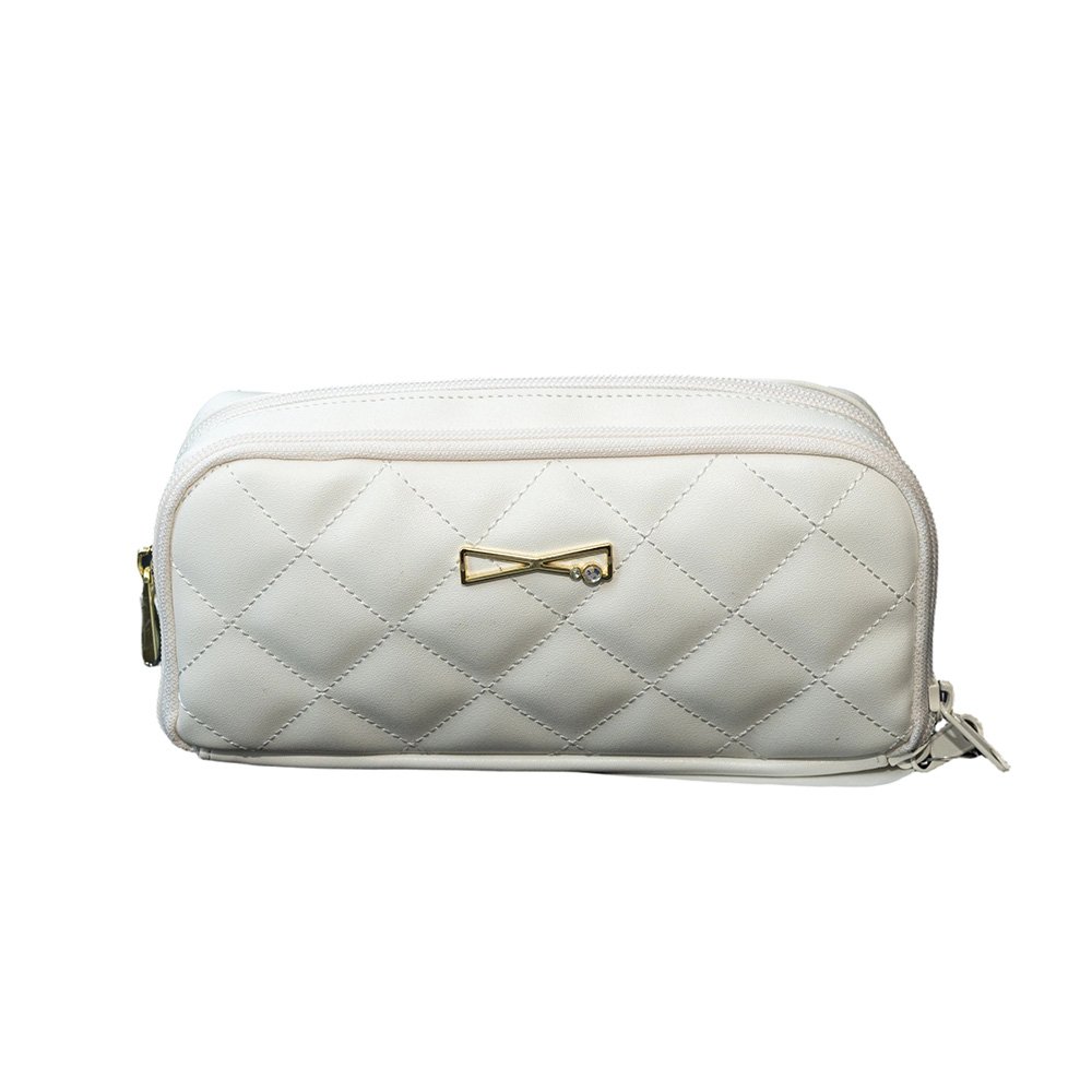 White Quilted Faux Leather Pencil Pouch | Gold Bow Charm & Rhinestone