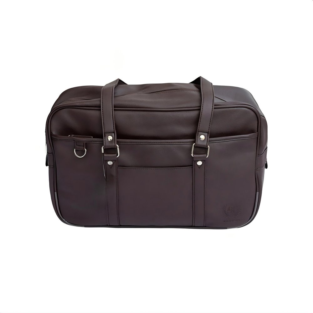 Dark Brown Faux Leather Duffel Bag | Multiple Pockets & Embossed Logo