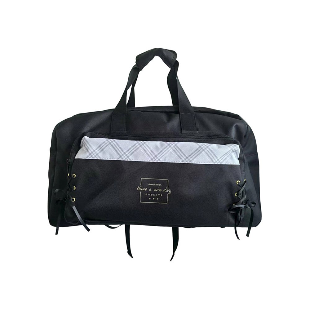 Black Oxford Cloth Duffel Bag | Plaid Panel, Side Lace-up Bows