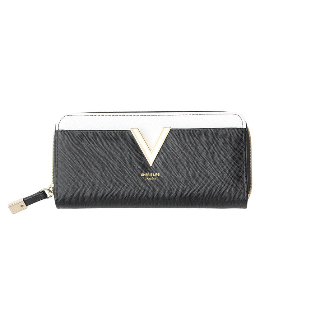 Black & White Faux Leather Zip-around Wallet | Gold V-shaped Decor