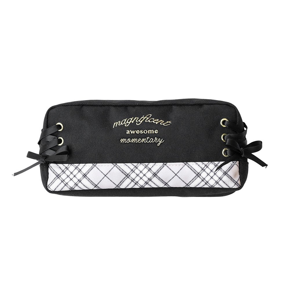 Black Oxford Cloth Pencil Pouch | Plaid Panel, Lace-up Bow 