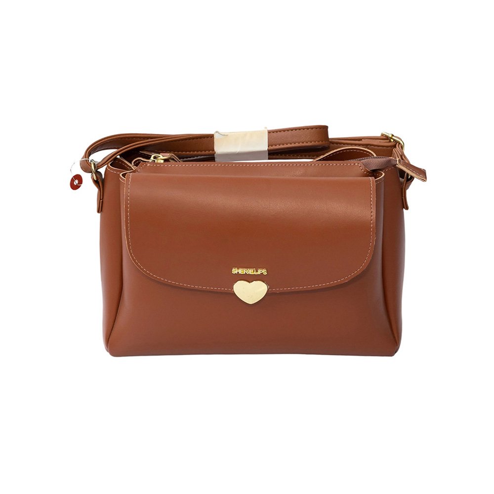 Brown Faux Leather Shoulder Bag | Heart Clasp Flap Crossbody Bag with Adjustable Strap